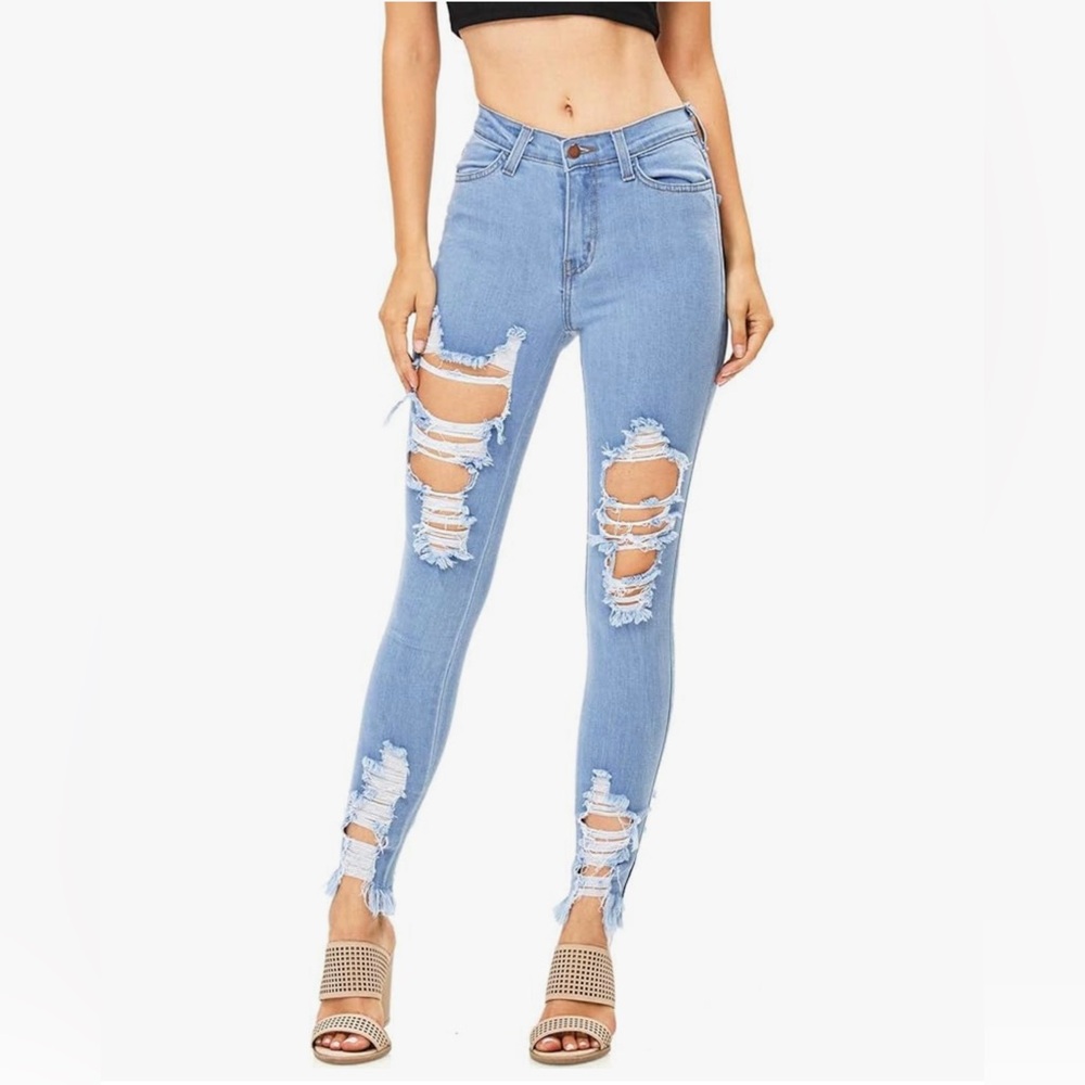 Stretchy High Rise Ripped Jeans in Light Blue